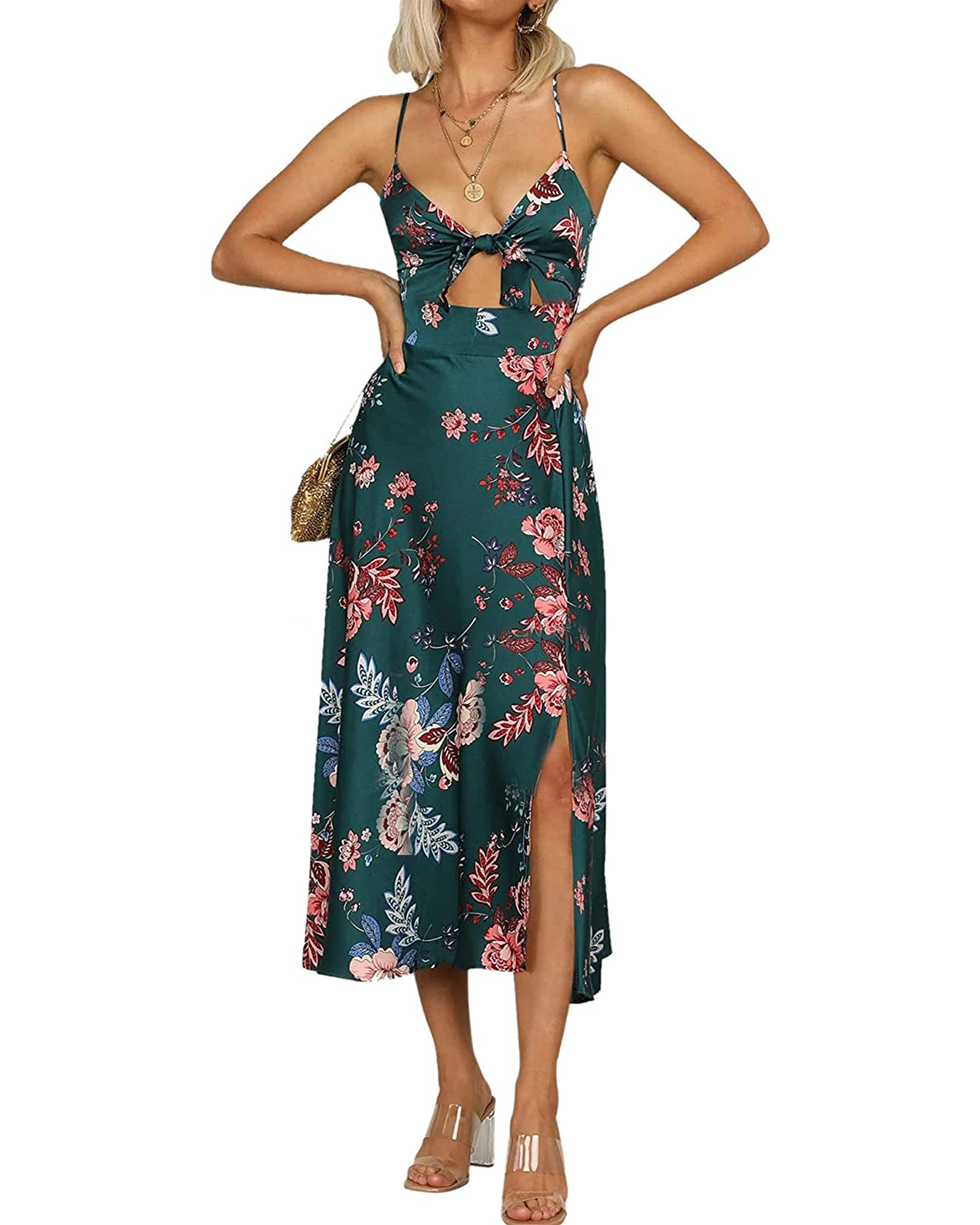 Fashionme Women Spaghetti Strap Midi Satin Dresses Tie Front Backless Split Summer Casual Floral Dress Hollow Flowy Slip Sundress Wedding Guest Beach Cocktail Graduation Dark Green
